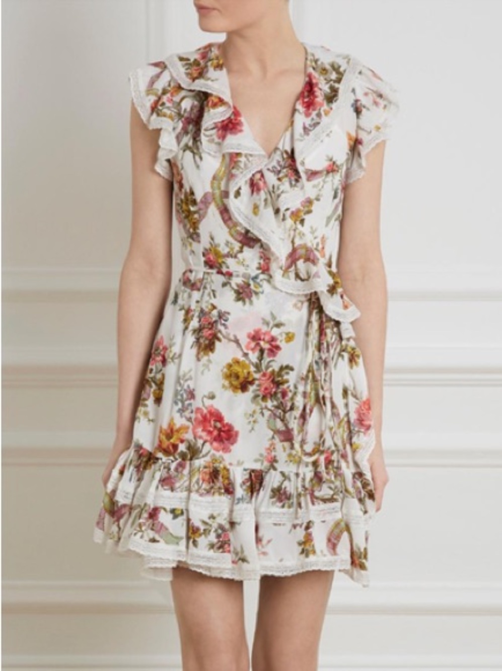 Needle & Thread Rainbow Rose Floral white  Ruffle Wrap Dress | Sz US 2